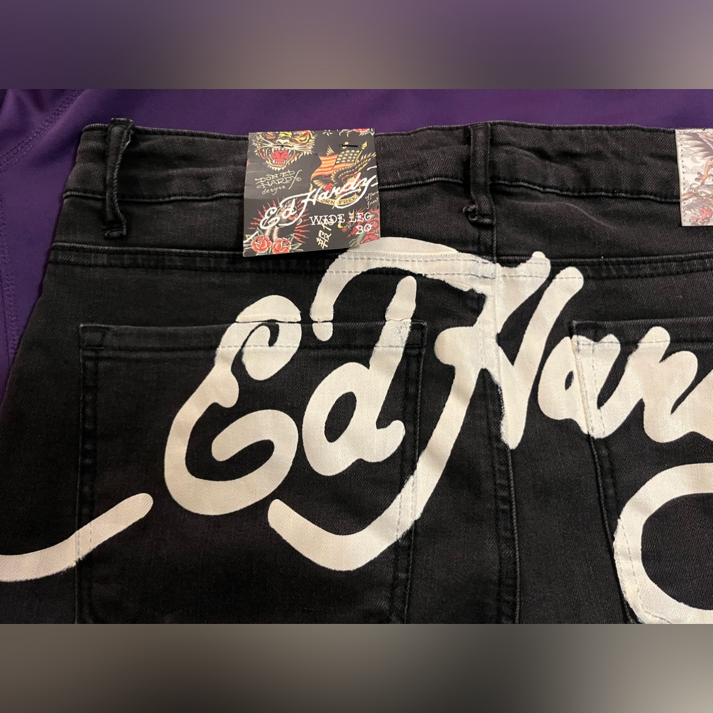 NWT ED HARDY Women's Love Kills Slowly Black Denim Jeans 30 Wide Leg Embroidered - Picture 3 of 4